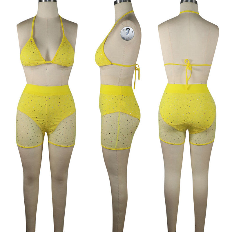 Fashion (Yellow)ANJAMANOR Fashion Print 2 Piece Sets Cross Halter Rop And  Shorts Summer Beach Vacation Outfits For Women 2021 Wholesale D18-CA21 GRE