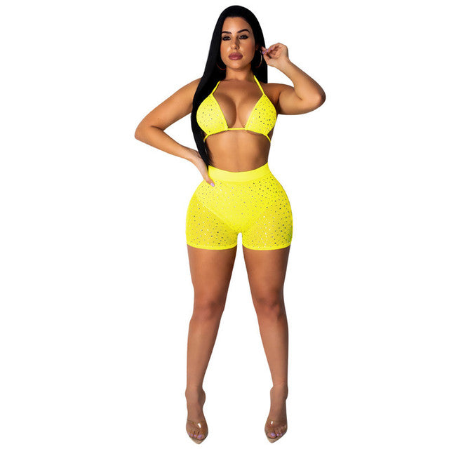 ANJAMANOR Sexy Lace Bra Crop Top Shorts Sets Women Summer Clothing